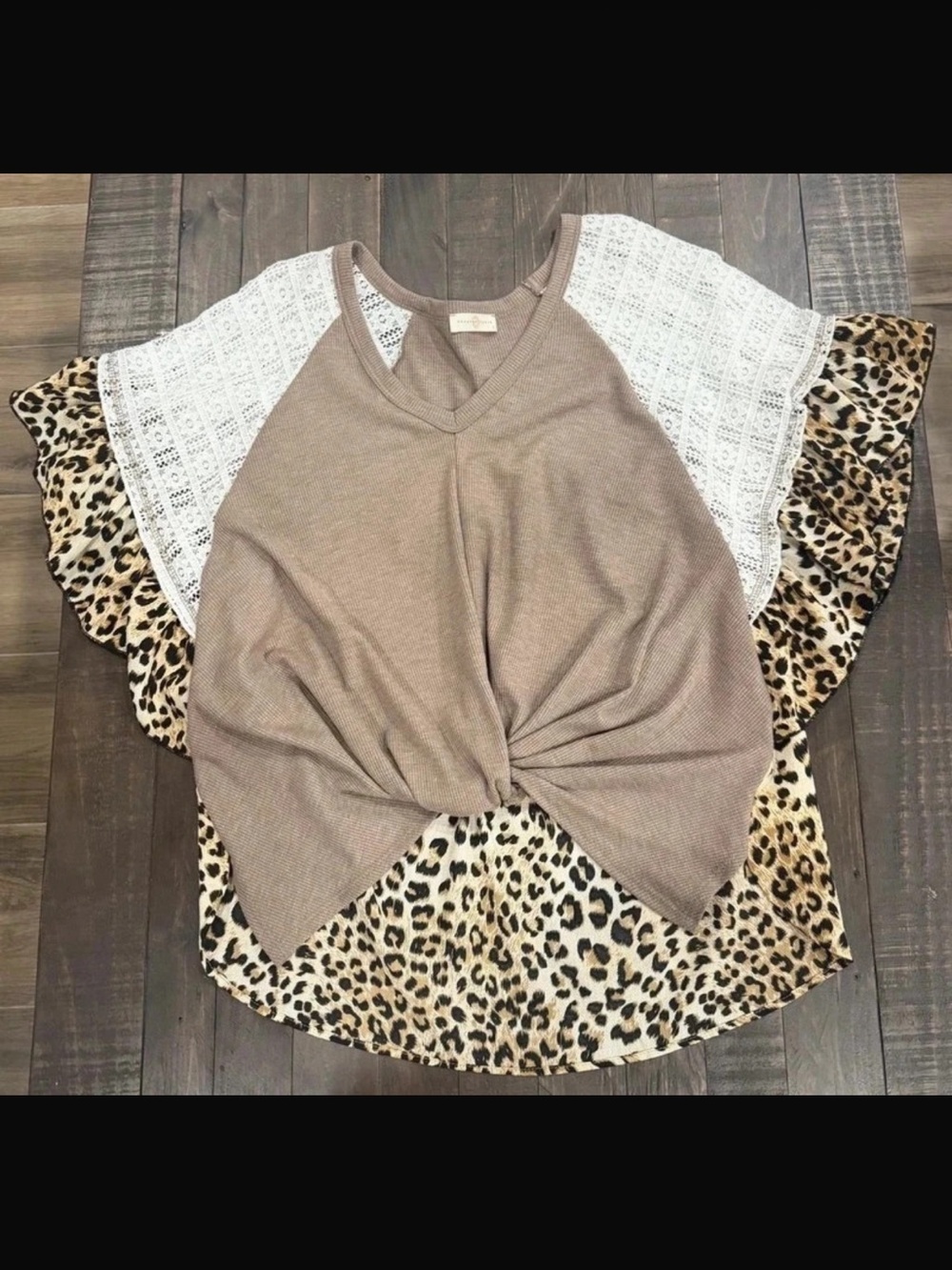 Taupe Knit V-Neck Top with White Lace & Leopard Hem